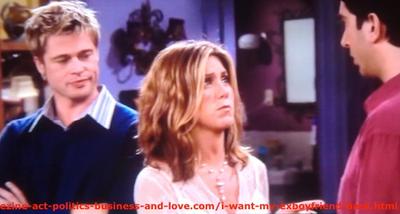 Love in the TV Comedy Series, Friends. Jennifer Aniston (Rachel Green) talks to David Schwimmer (Ross) and her ex-husband Brad Pitt listens.